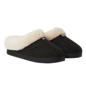 Women’s Dearfoams Black Plush Memory Foam Slippers Fur Clog Slide Slipper Nwt
